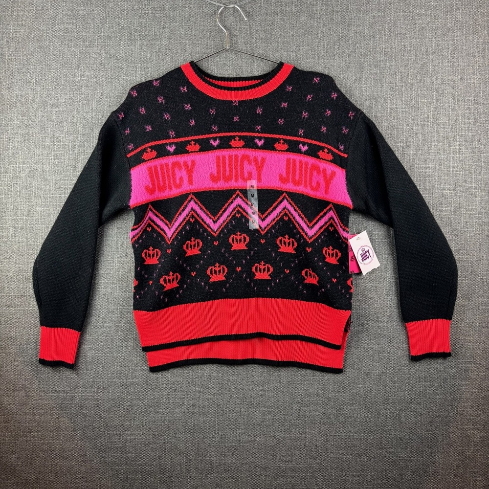 Juicy Couture Sweater Womens Medium Black Red Pink‎ Crown Crewneck Knit Pullover